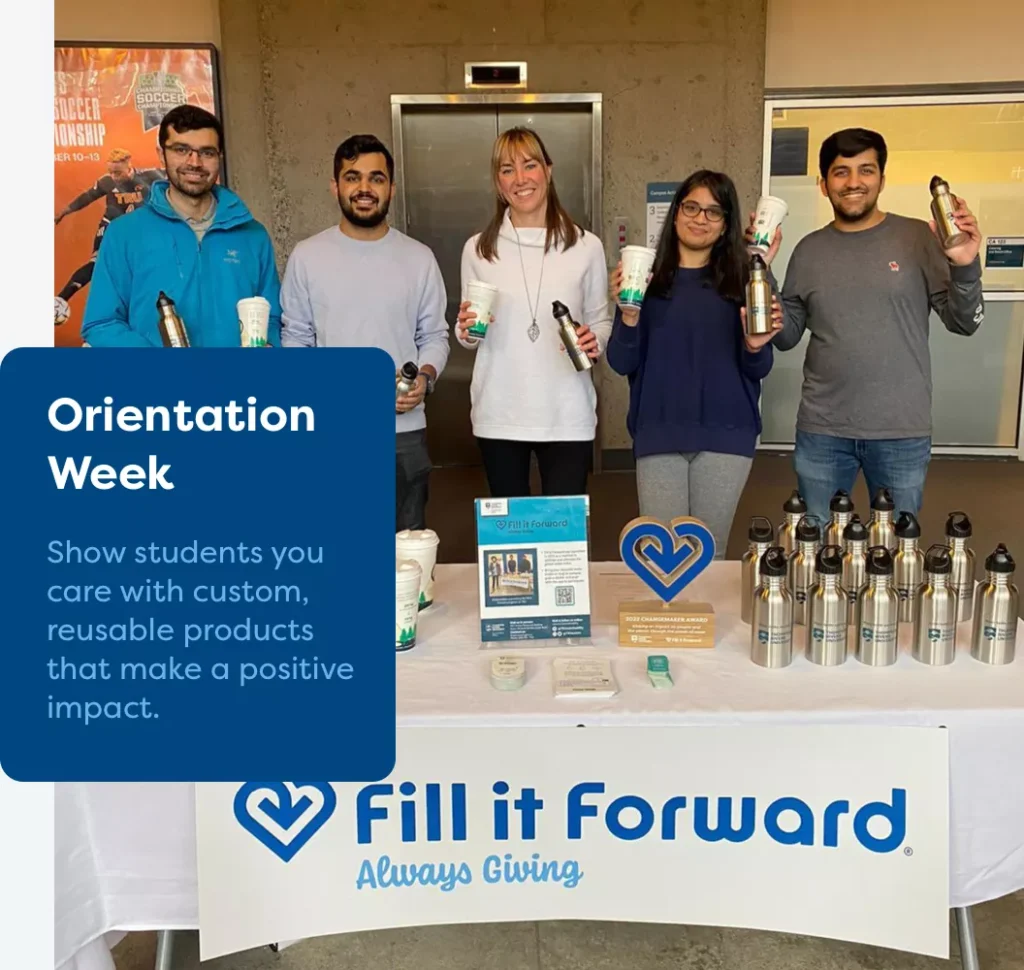 Students at orientation week holding up their Fill it Forward reusable bottles.