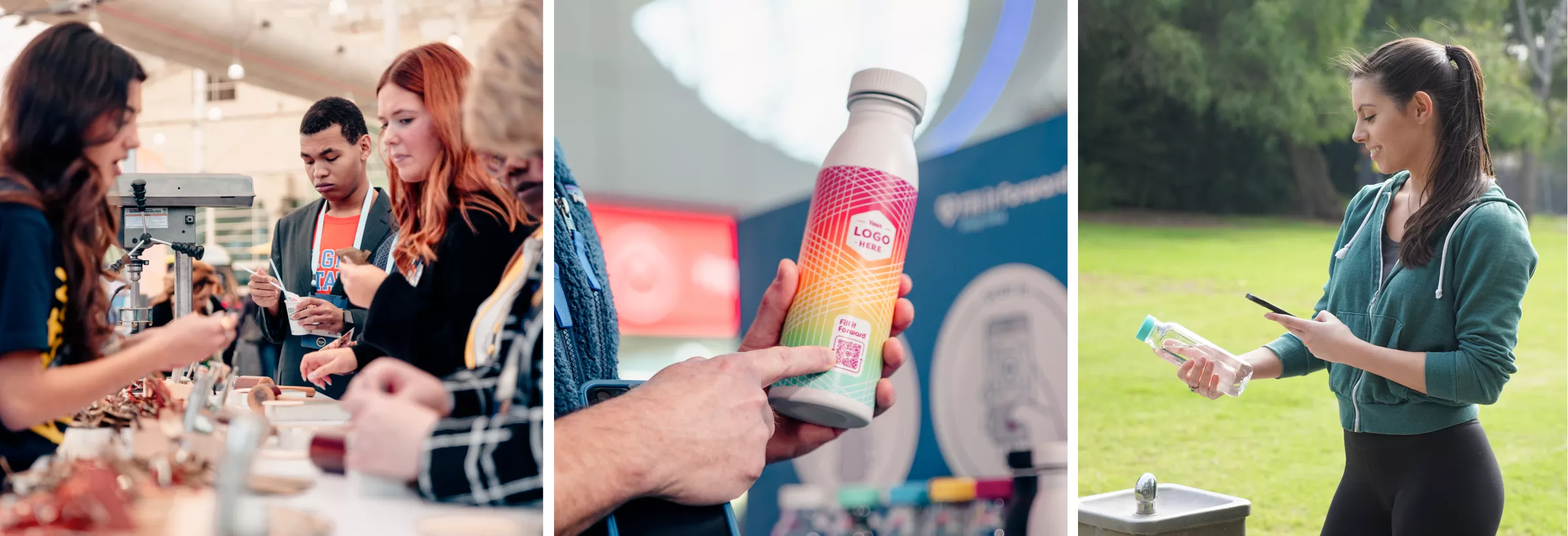 Students at a orientation getting their reusable products. A hand holding up a Fill it Forward reusable bottle and pointing to the QR code. A woman scanning her reusable bottle with her phone outside.