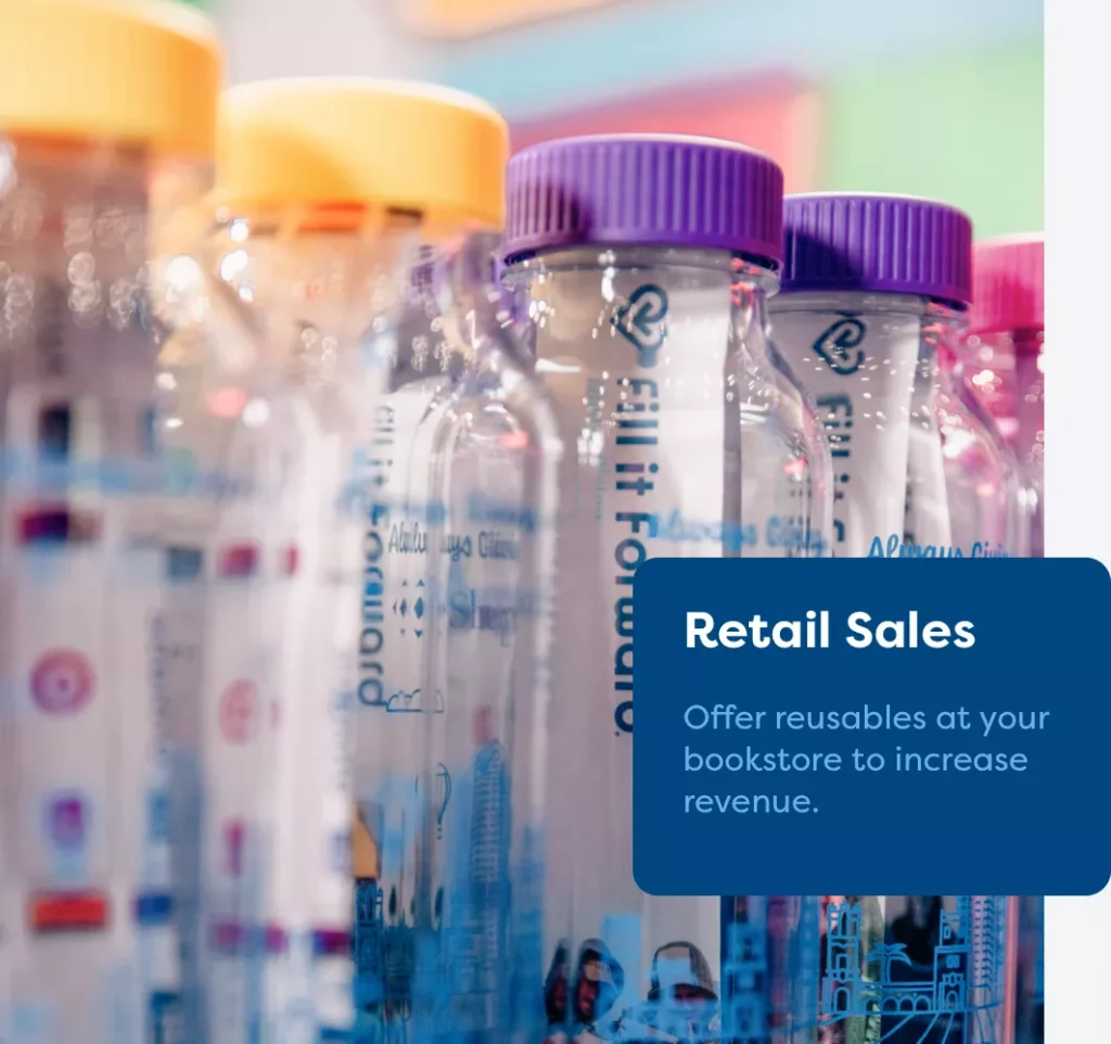 A lineup of Fill it Forward Tritan bottles with different colour lids.