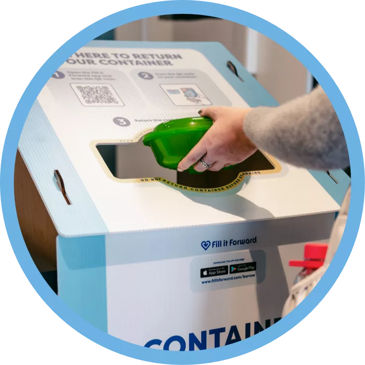 A person dropping a reusable container into a Borrow return bin.